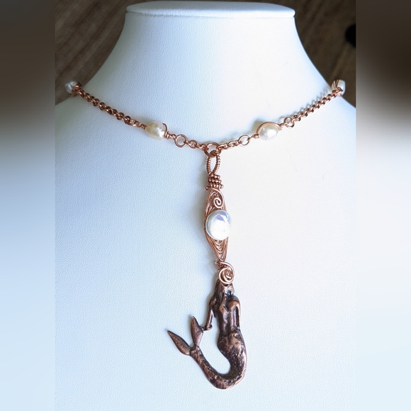 Mermaid Pendant Copper Jewelry Set Fresh Water Pearl Accents - Picture 2 of 16